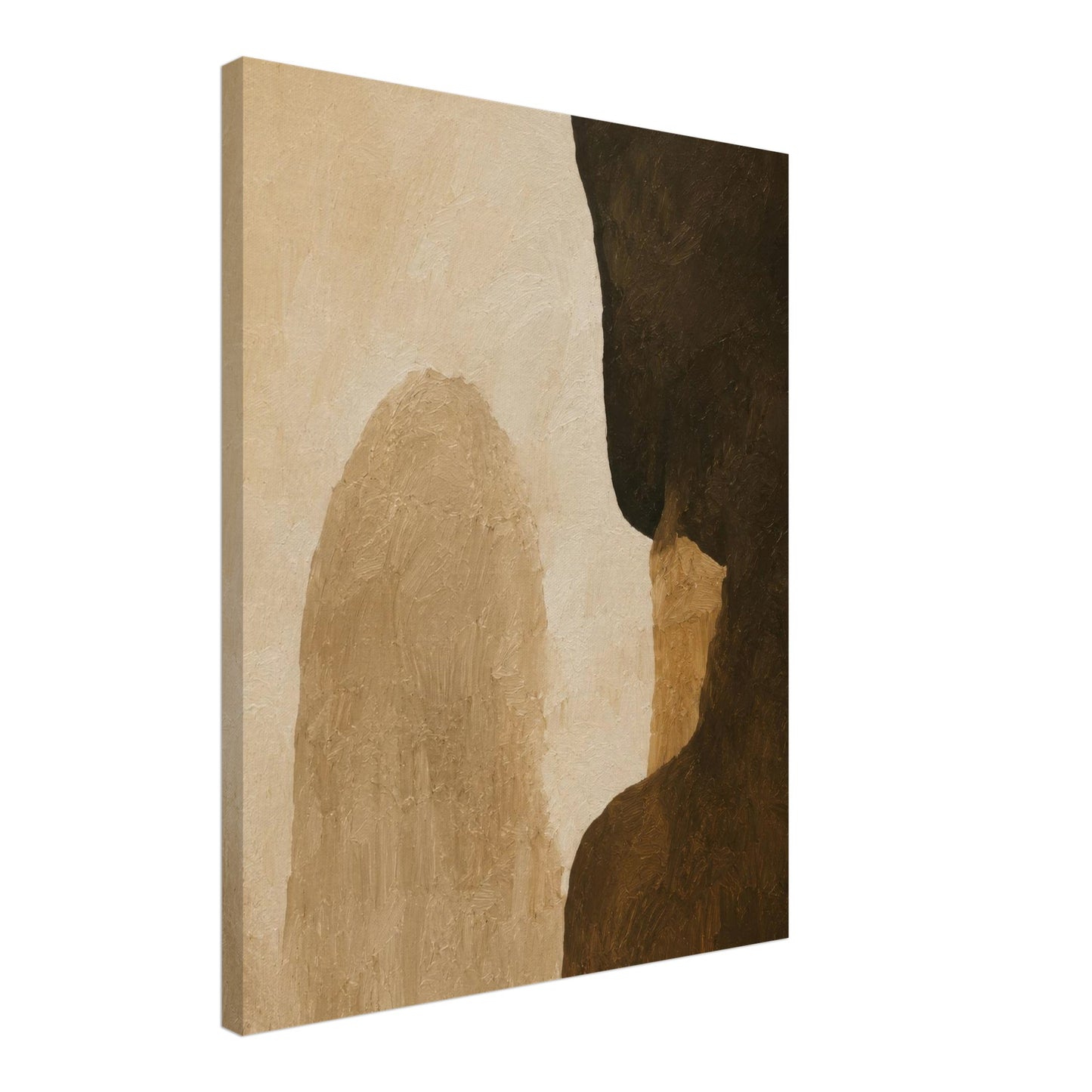 Side perspective of thick gallery wrapped abstract canvas wall art in warm earth tones.
