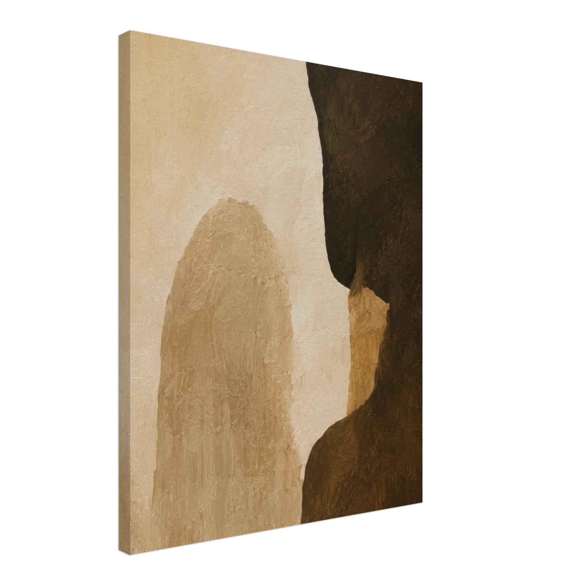 Side perspective of thick gallery wrapped abstract canvas wall art in warm earth tones.