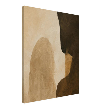 Side perspective of thick gallery wrapped abstract canvas wall art in warm earth tones.
