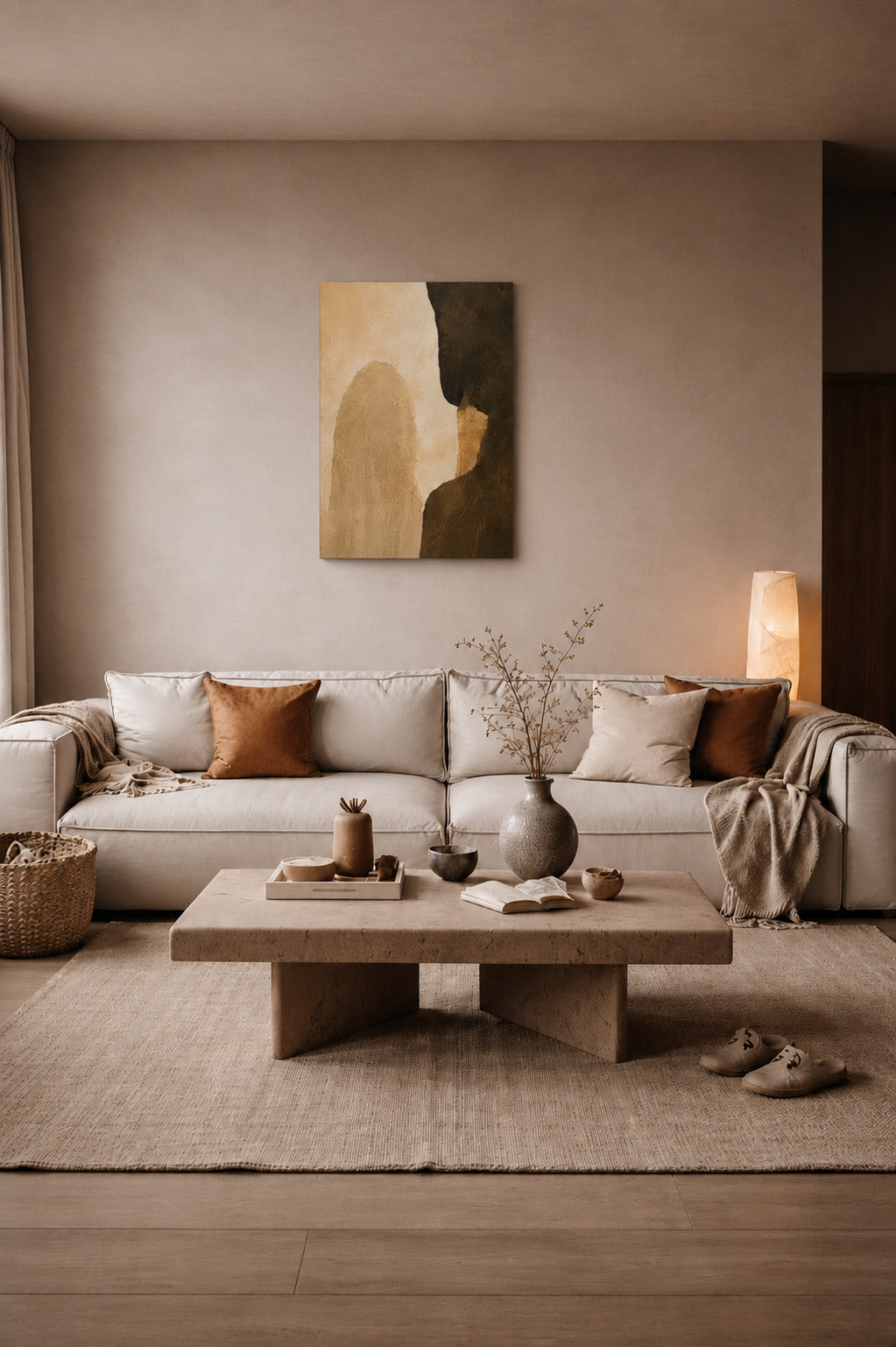 Cozy modern living room featuring warm earth abstract canvas wall art above beige sofa.