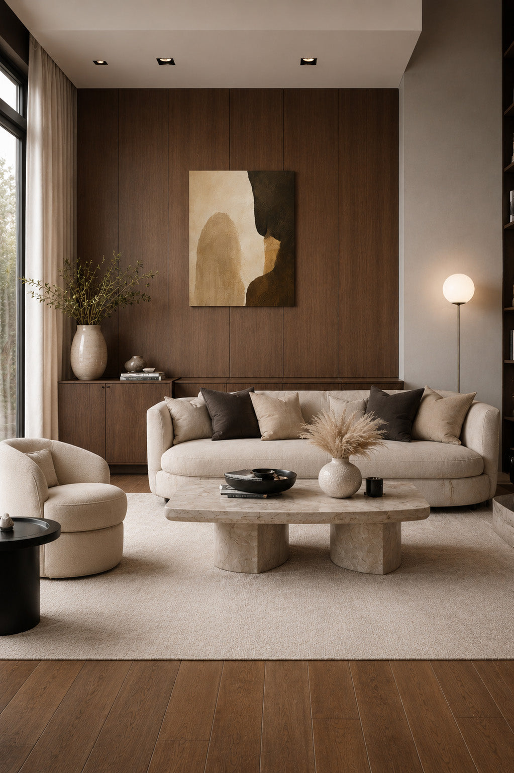 Elegant modern lounge interior with earthy abstract canvas wall art and dark wood accents.
