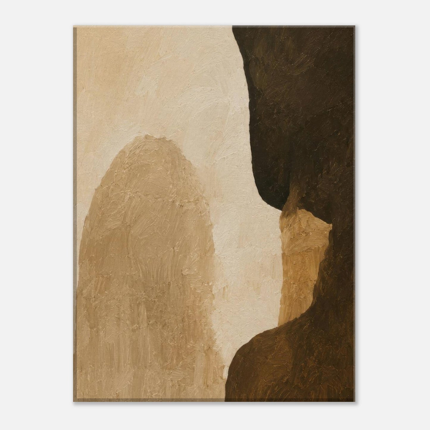 Neutral abstract canvas print with soft beige textures and bold dark organic forms.
