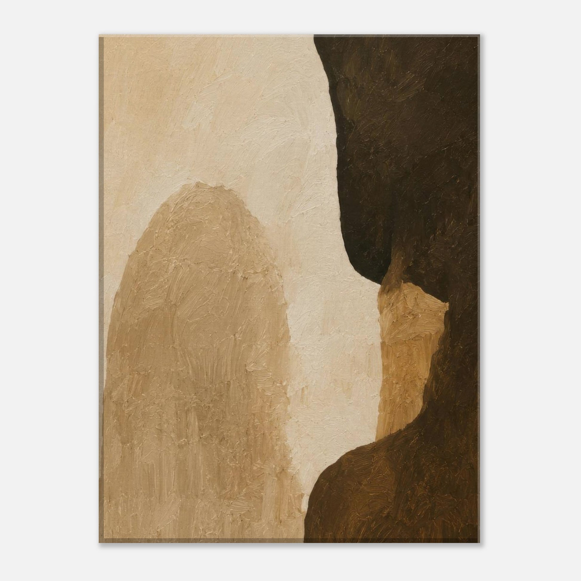 Neutral abstract canvas print with soft beige textures and bold dark organic forms.