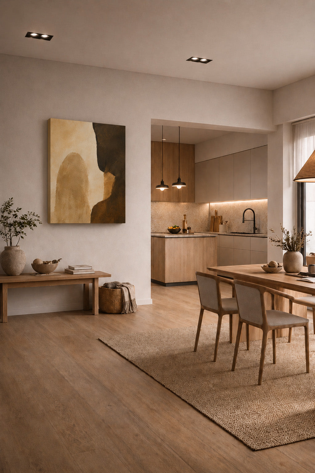 Scandinavian inspired open-plan dining and kitchen interior with abstract neutral canvas art.