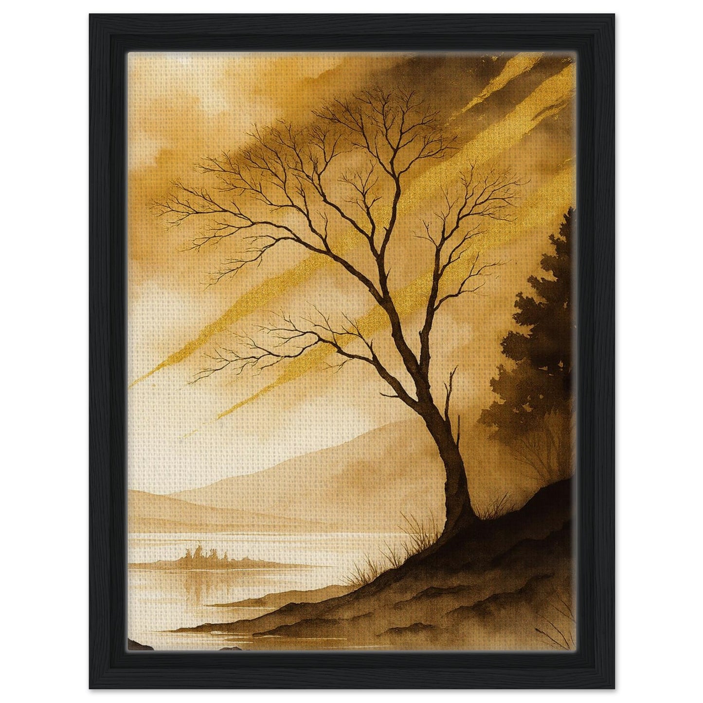Earth tone landscape artwork with lone tree and warm golden mountain scenery in black frame
