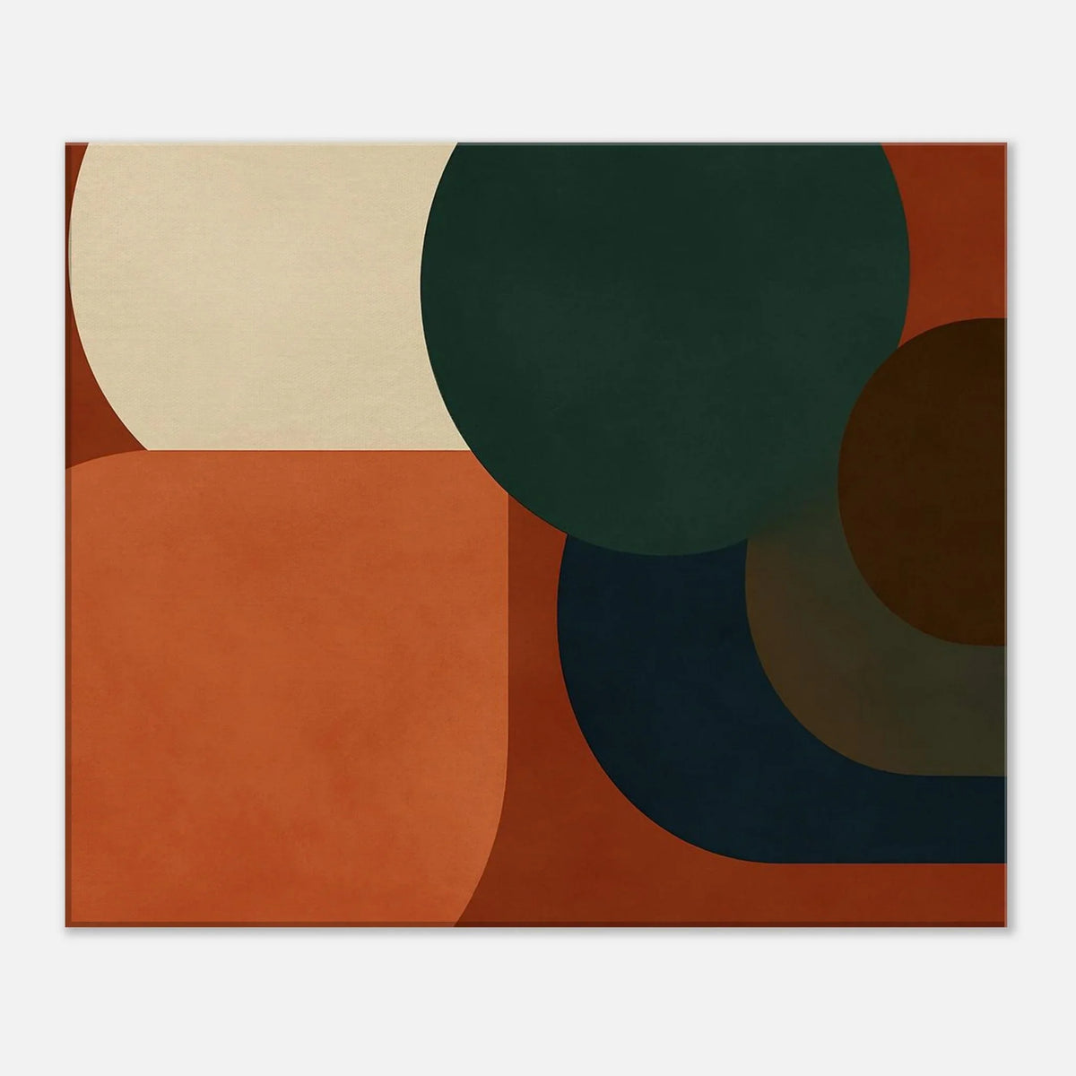 Close-up of the layered navy and olive curves against the terracotta ground on the canvas surface