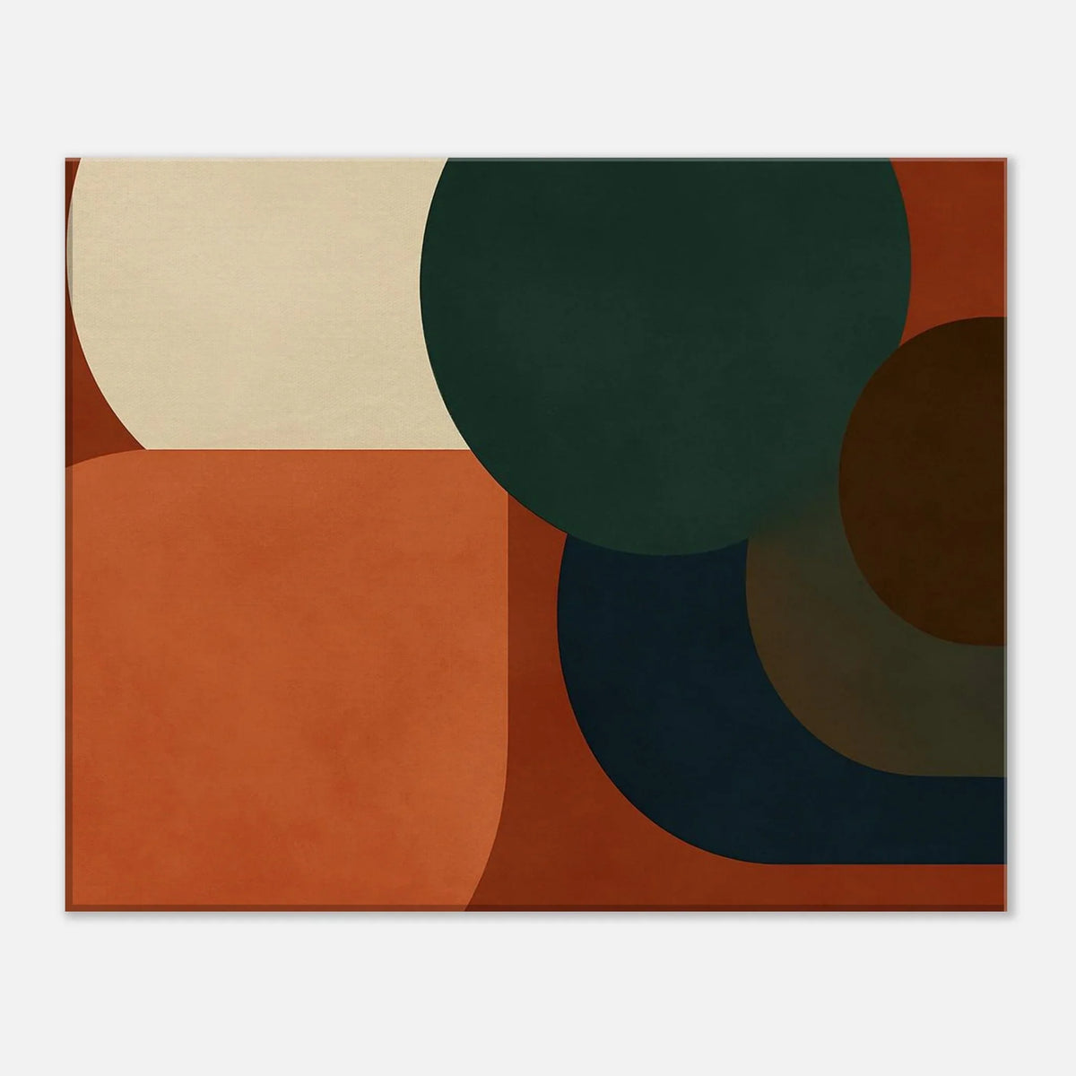 Detail of the geometric canvas print showing the dark green circle overlapping the cream arc