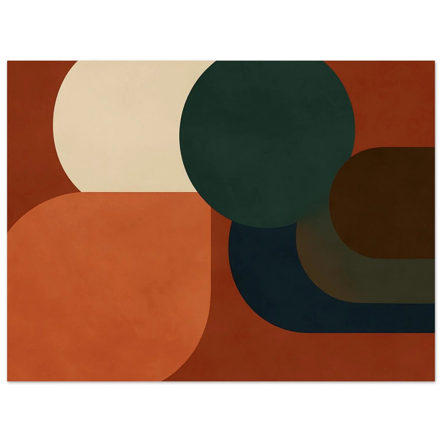 Detail of the geometric art poster showing the dark green circle overlapping the cream arc