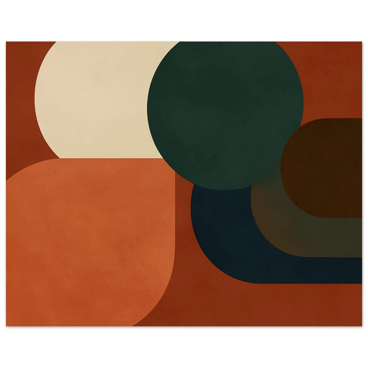 Close-up of the layered navy and olive curves against the terracotta ground on the matte paper surface