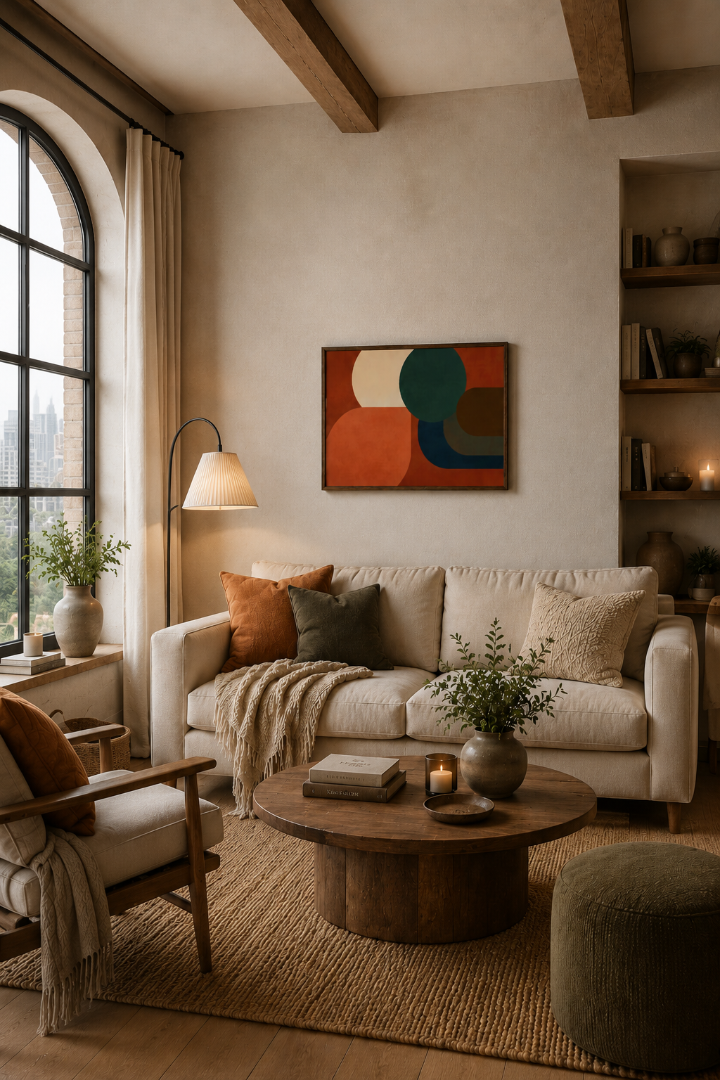 Earthbound Circles framed wall art in a cozy living room with warm neutral furniture