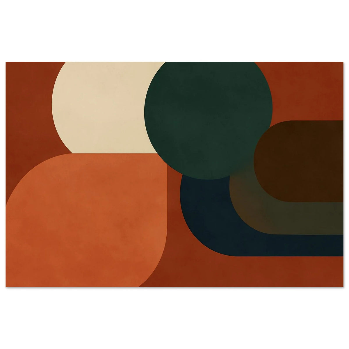 Earthbound Circles modern abstract geometric wall art poster with terracotta, cream, deep green and navy circles