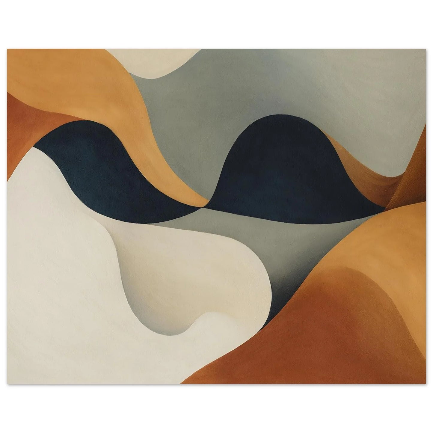 Close-up of the soft cream teardrop shape and warm ochre curve on the matte paper surface