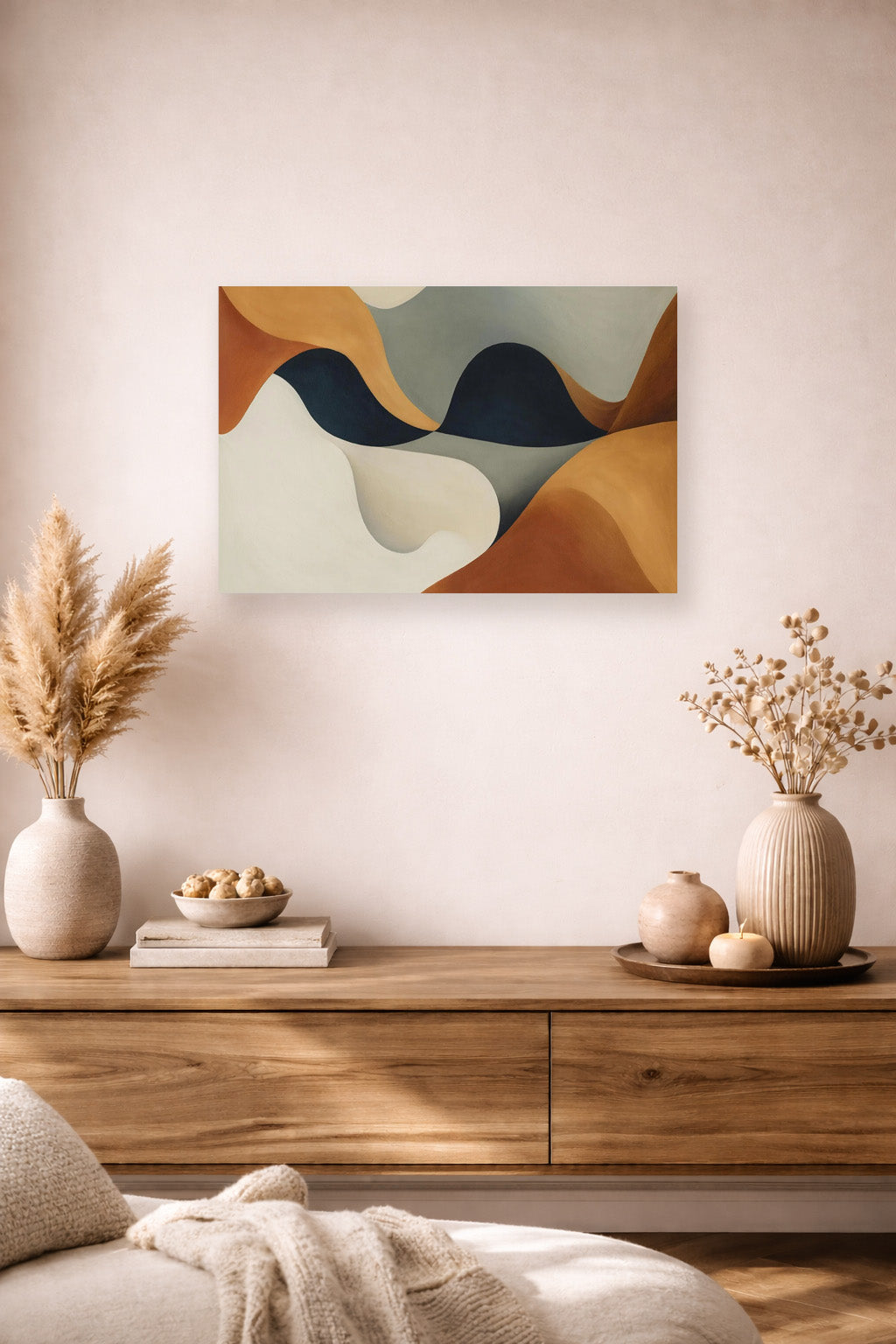 Minimal Japandi interior with wooden console table, neutral ceramic decor and Earthbound Flow abstract wall art poster above the sideboard.