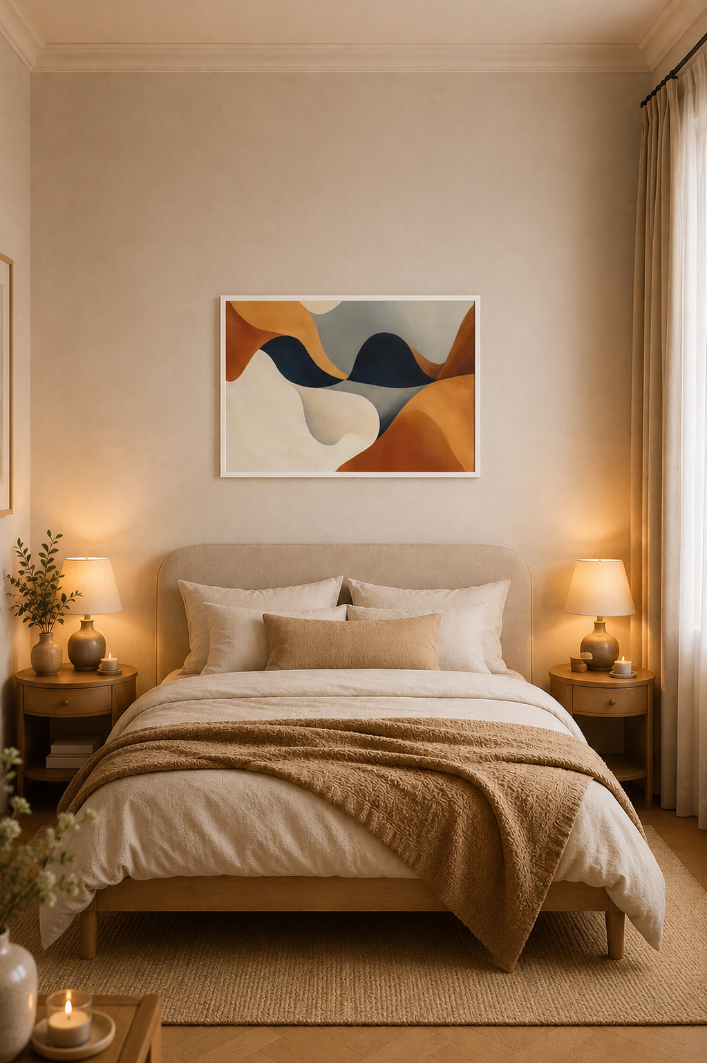 Earthbound Flow modern abstract poster above bed in cozy neutral bedroom with warm lighting and minimalist decor