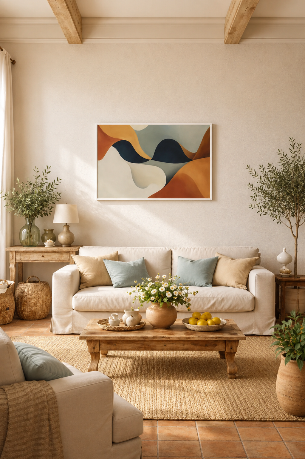 Earthbound Flow modern abstract wall art poster styled in bright neutral living room with cream sofa and natural wood accents