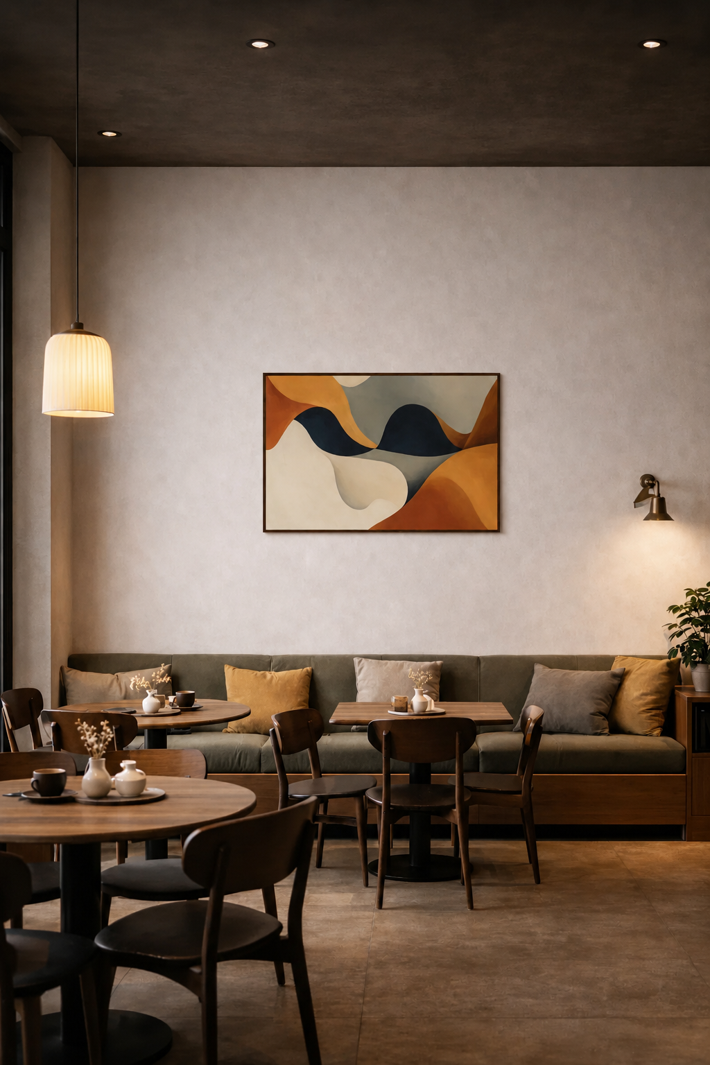 Earthbound Flow modern abstract poster in cozy café interior with warm lighting and neutral minimalist decor