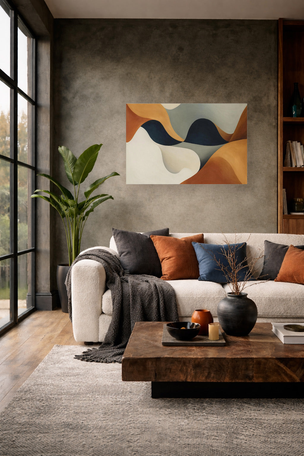 Modern living room with dark textured wall, neutral sofa and Earthbound Flow abstract wall art poster in beige, terracotta and blue tones.
