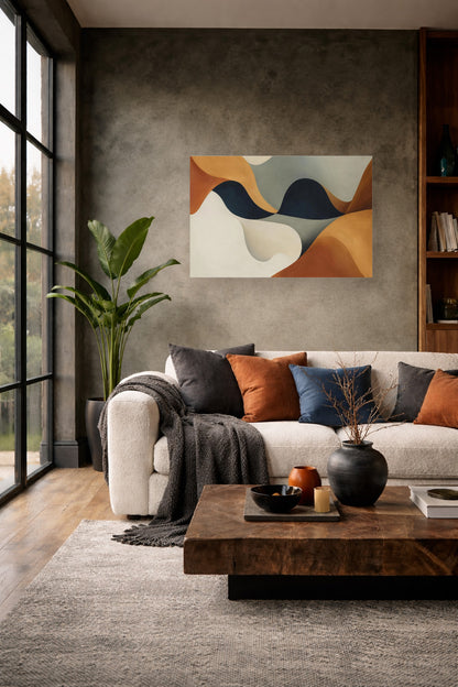 Modern living room with dark textured wall, neutral sofa and Earthbound Flow abstract wall art poster in beige, terracotta and blue tones.
