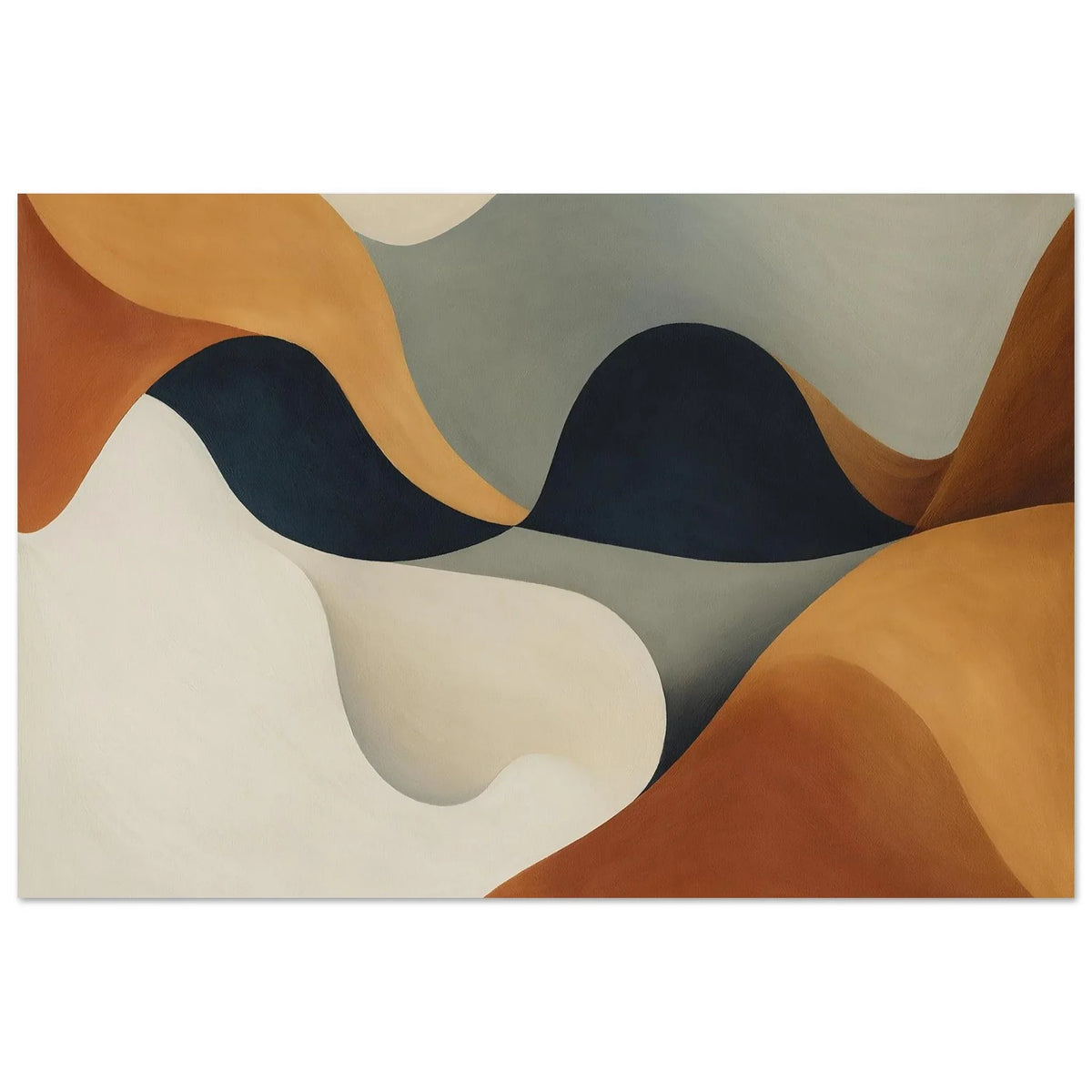 Earthbound Flow modern abstract wall art poster with flowing navy, ochre, sage and cream shapes