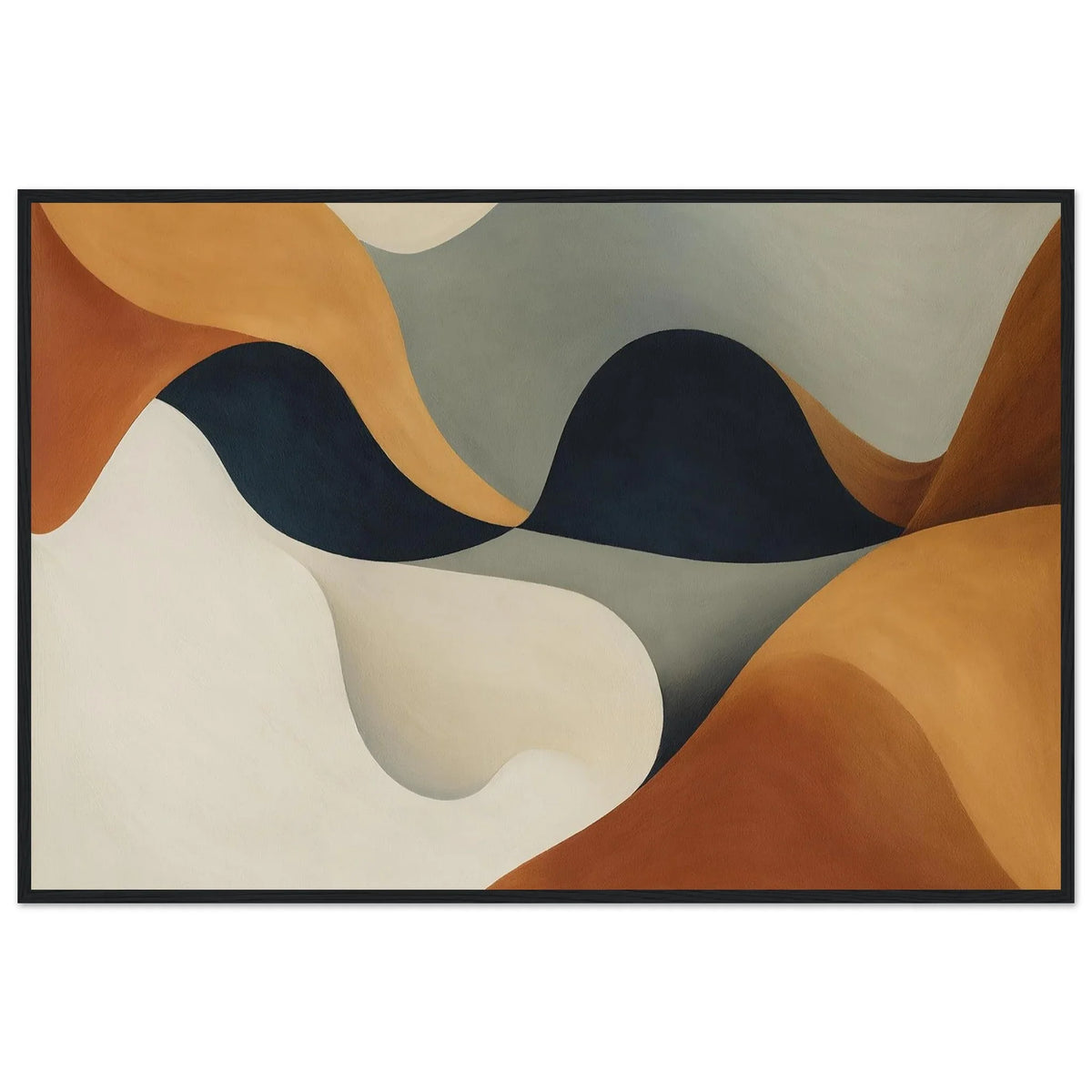 Earthbound Flow organic abstract framed wall art with flowing navy, ochre, sage and cream shapes in a black wooden frame