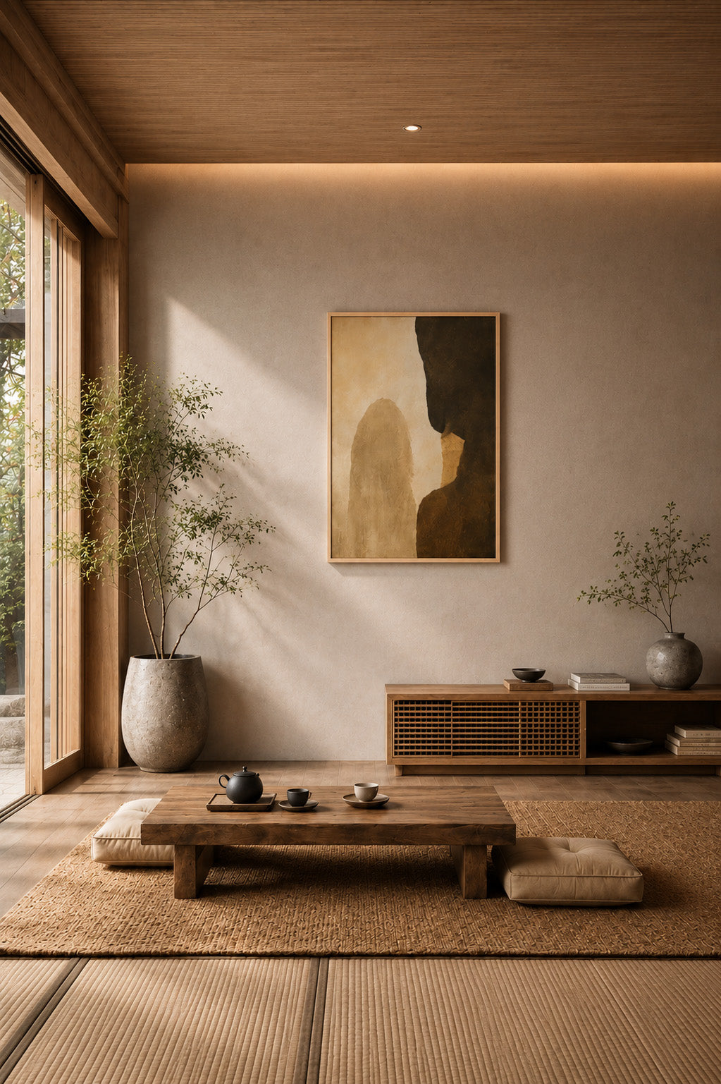 Neutral beige abstract wall art in warm japandi living room interior