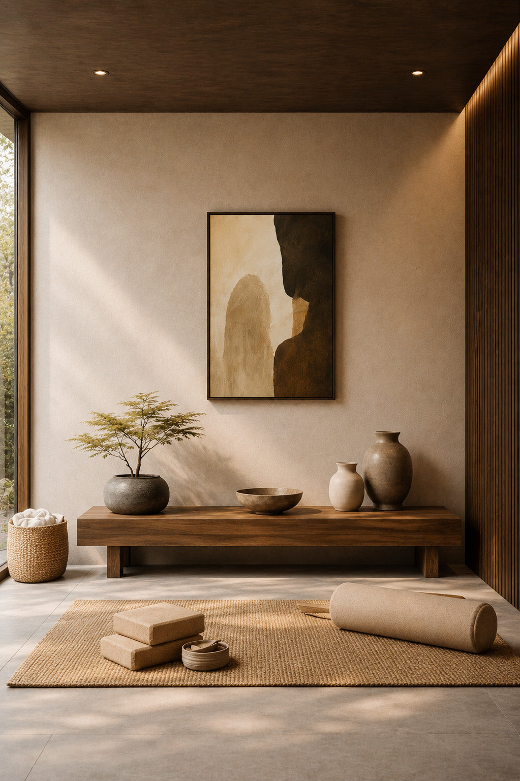 Modern earthy abstract poster styled in a cozy minimalist interior