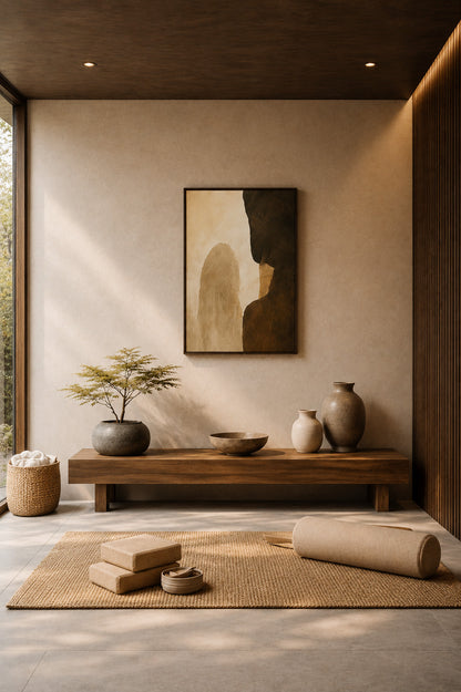 Modern earthy abstract poster styled in a cozy minimalist interior