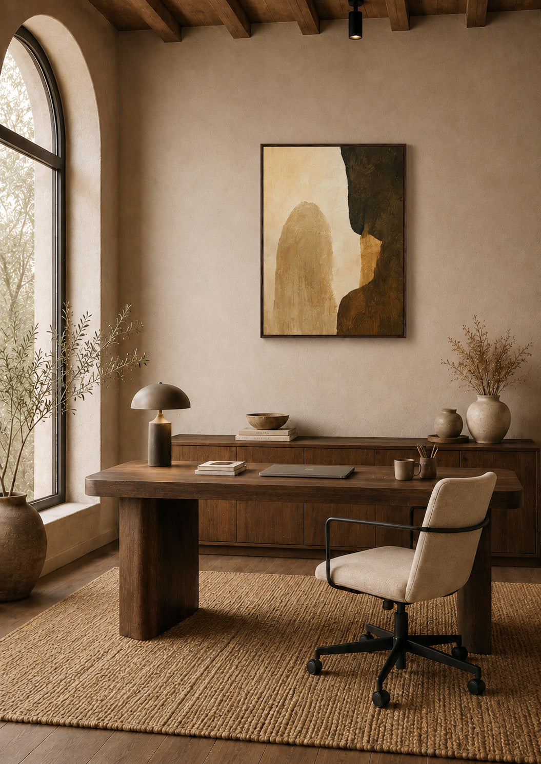 Minimalist abstract poster displayed in a modern office interior