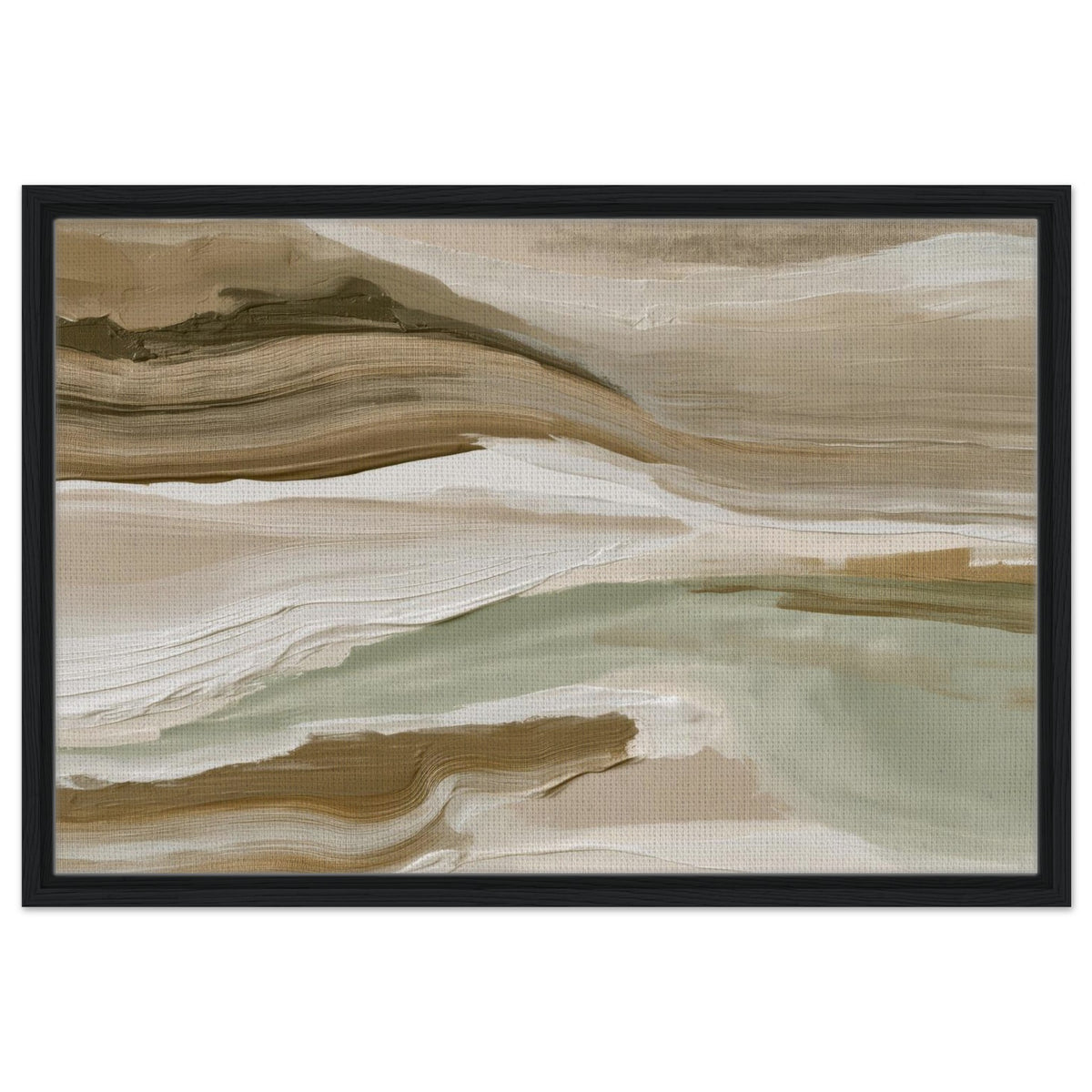 Earthy landscape canvas in sage green cream and brown with dark wood frame