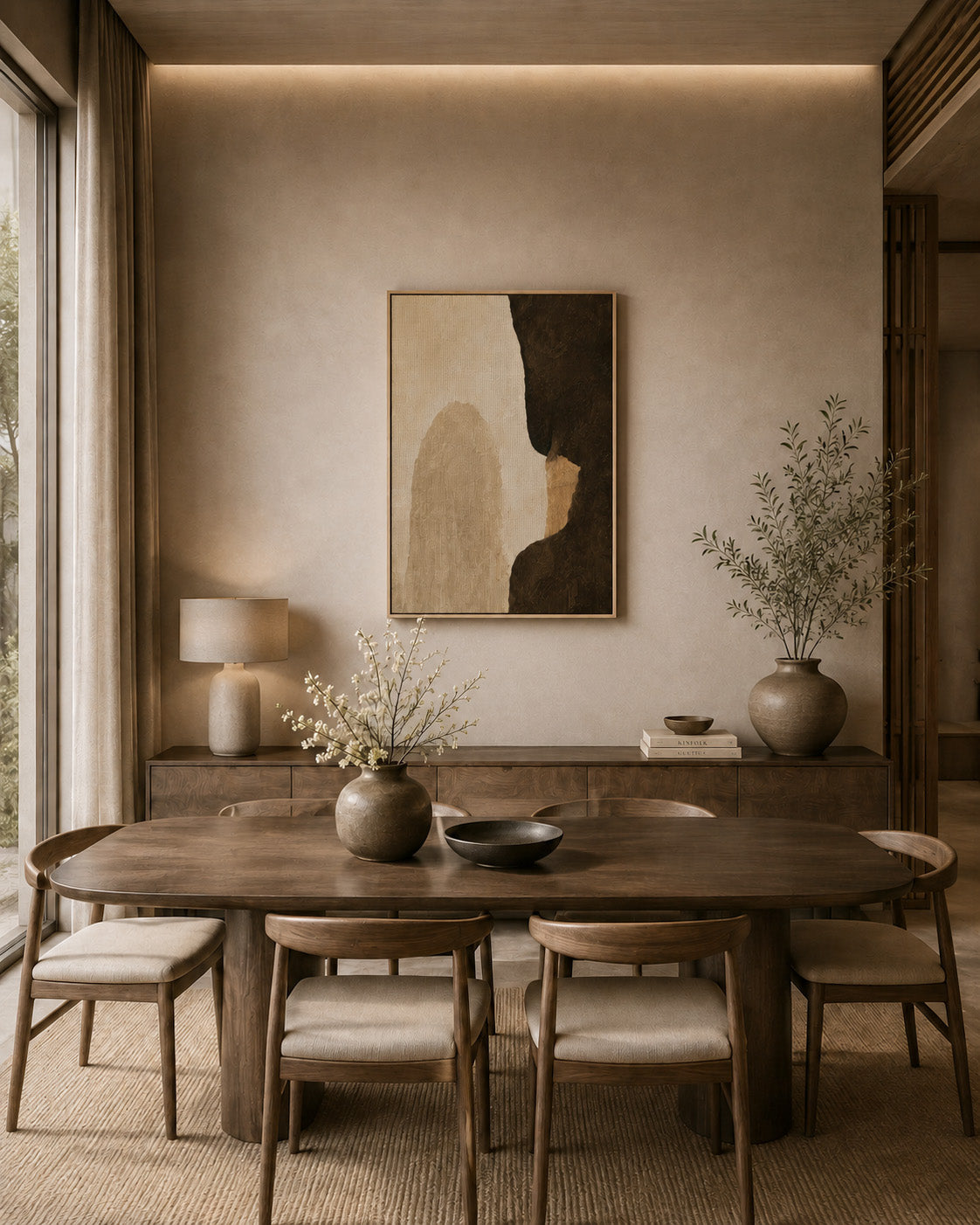 Earthy wall art with bold organic shapes in a sophisticated neutral dining room