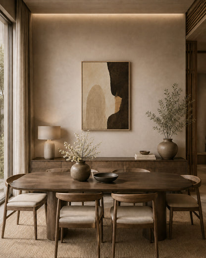 Earthy wall art with bold organic shapes in a sophisticated neutral dining room