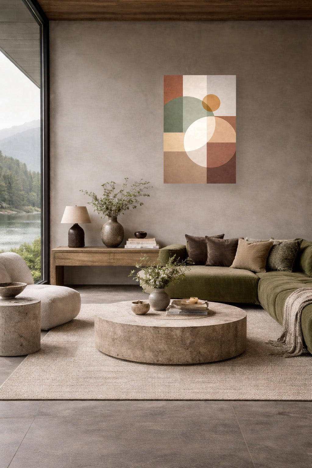 Earthy living room with olive sofa, stone coffee table and abstract geometric wall art poster