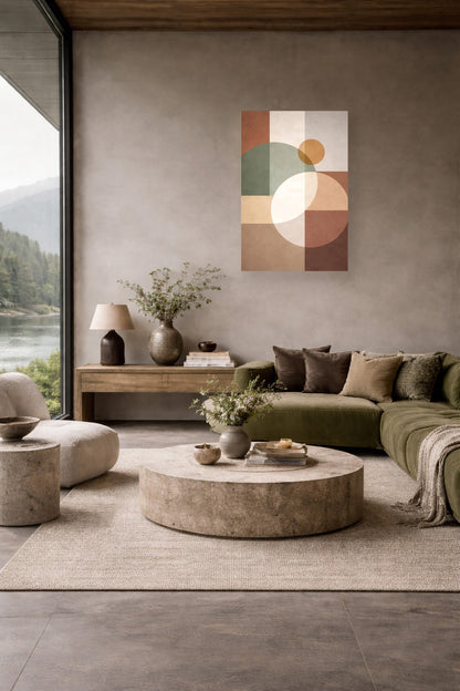 Earthy living room with olive sofa, stone coffee table and abstract geometric wall art poster