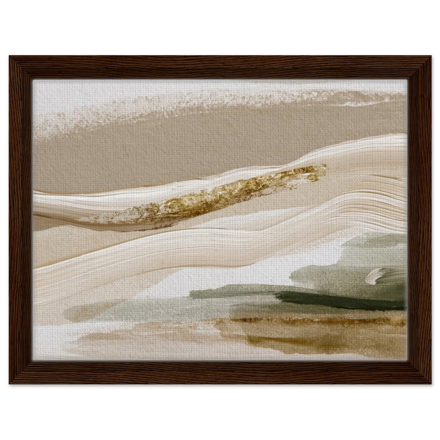 Elegant abstract landscape art in soft natural tones with dark wood frame