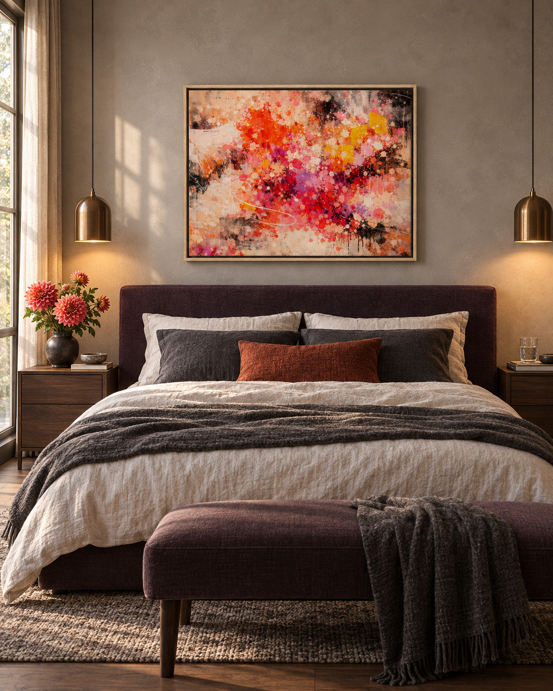 Ember Bloom colorful abstract framed canvas displayed above a bed in a modern bedroom