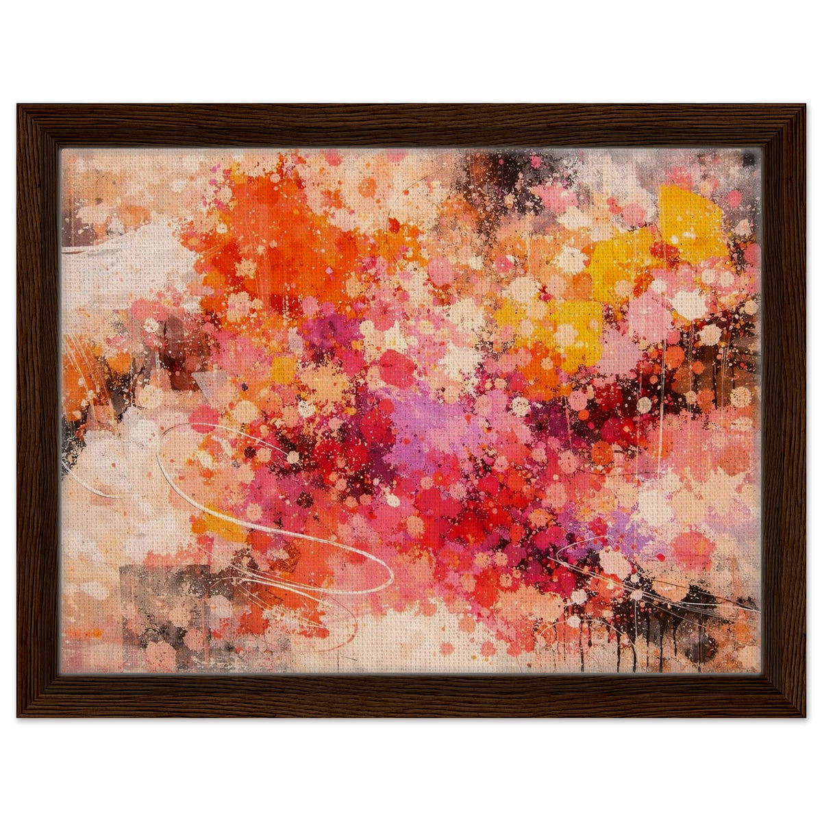 Colorful abstract canvas wall art in a dark wood frame