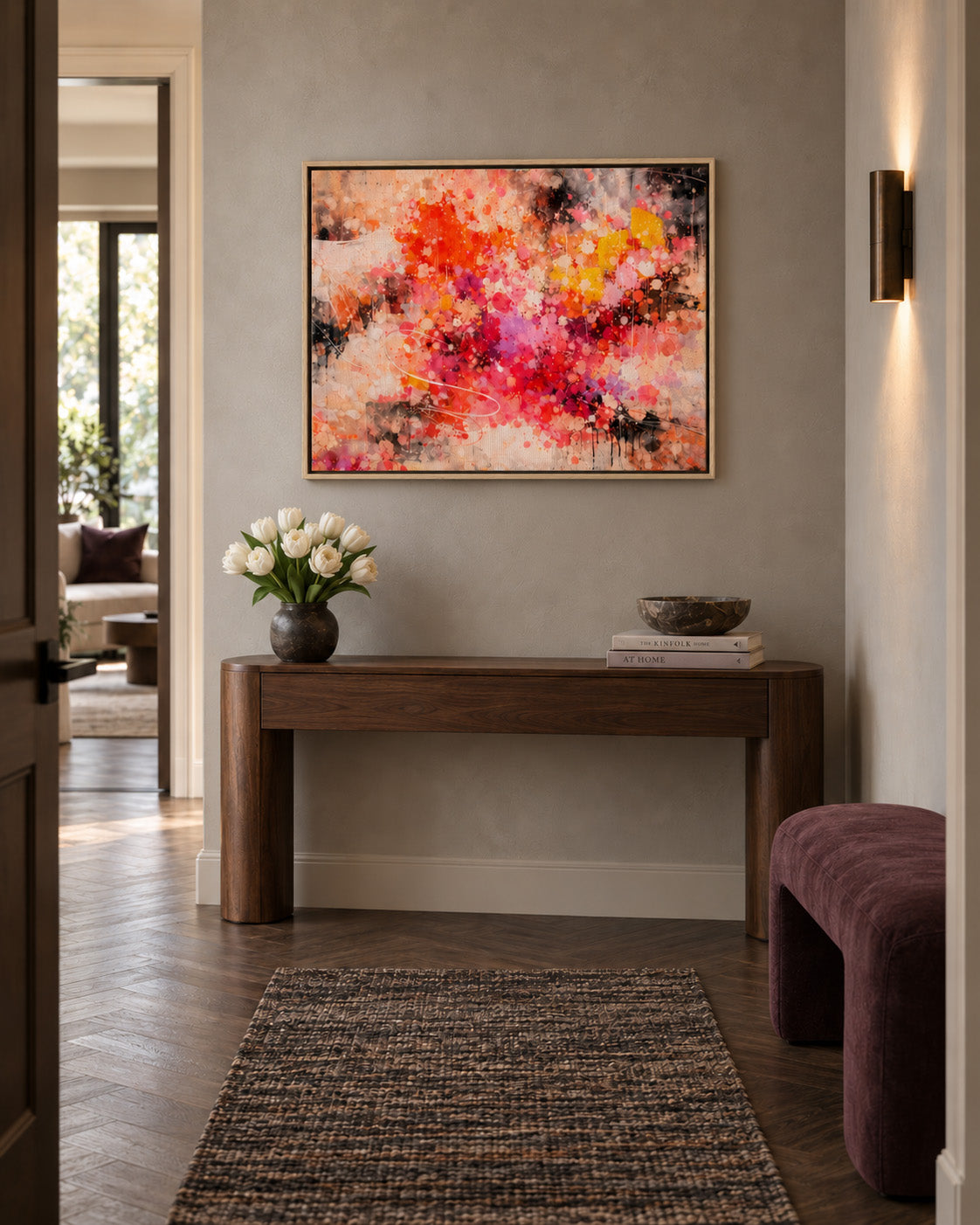 Ember Bloom colorful abstract framed canvas displayed above a console in a modern entryway