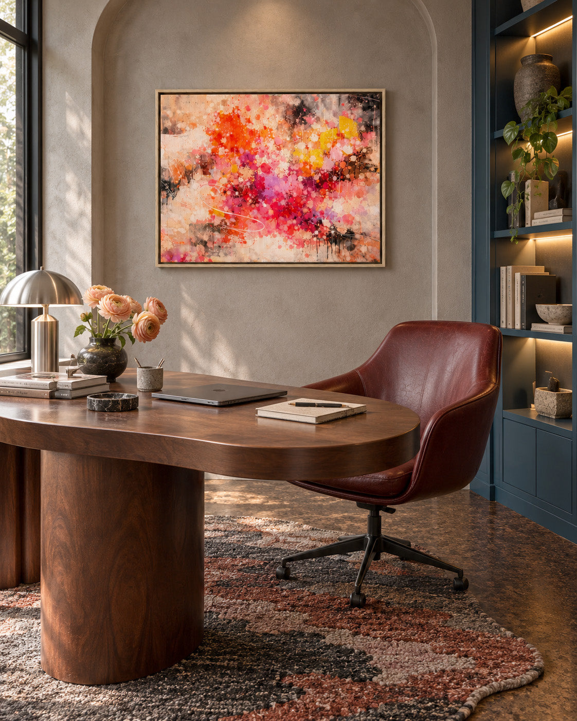 Ember Bloom colorful abstract framed canvas displayed in a modern home office