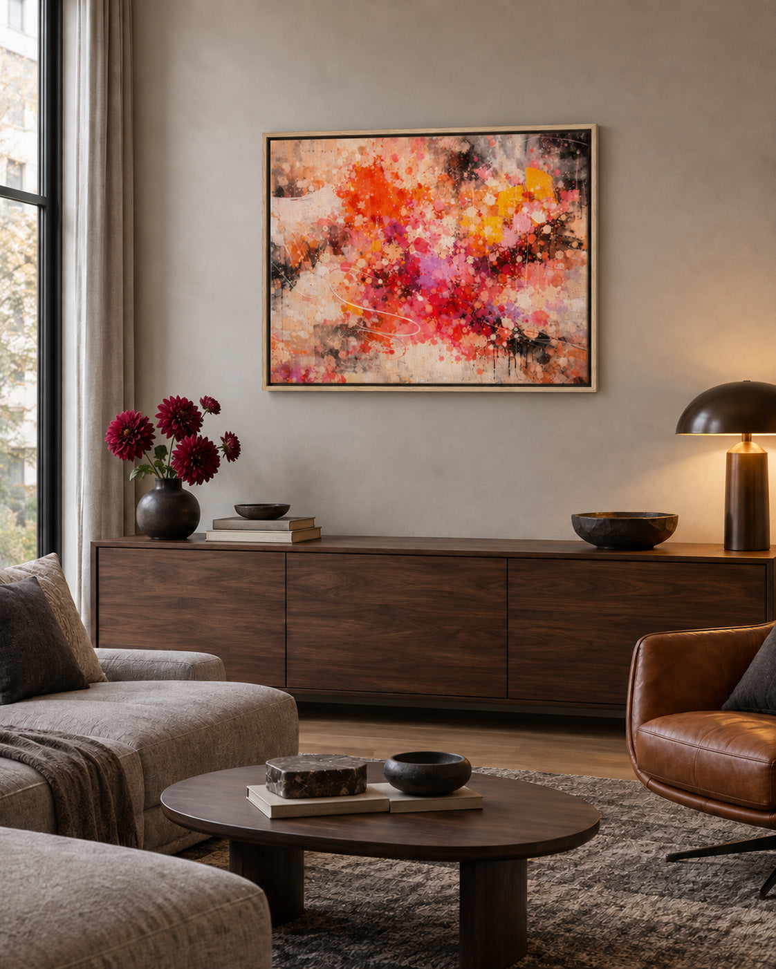 Ember Bloom colorful abstract framed canvas displayed in a warm modern living room