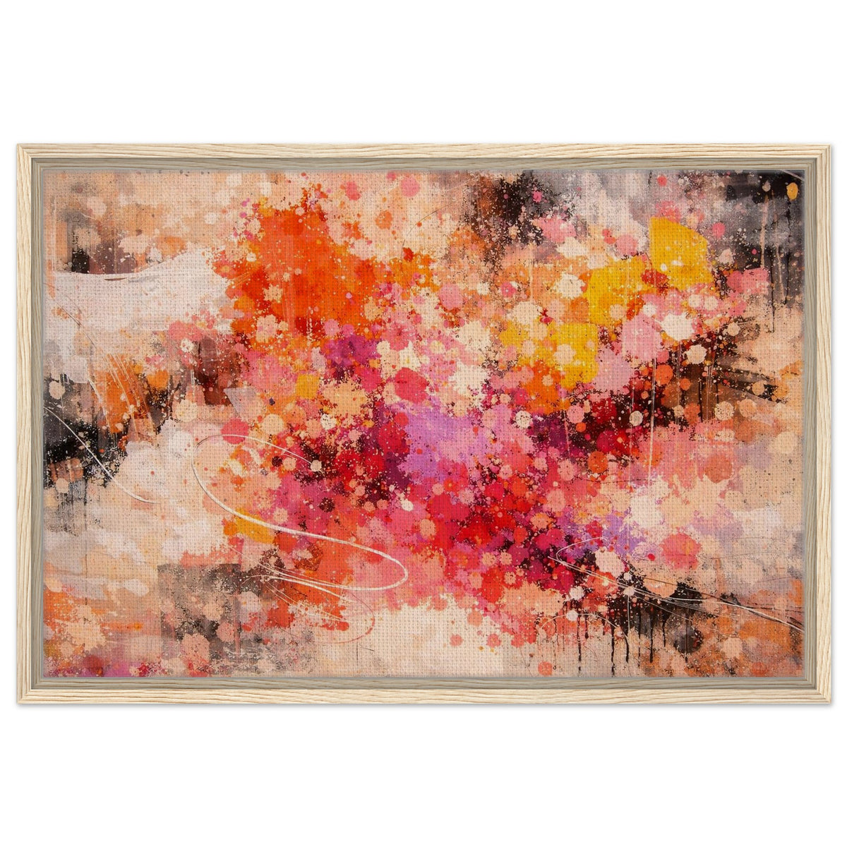 Ember Bloom colorful abstract canvas wall art in a natural wood frame