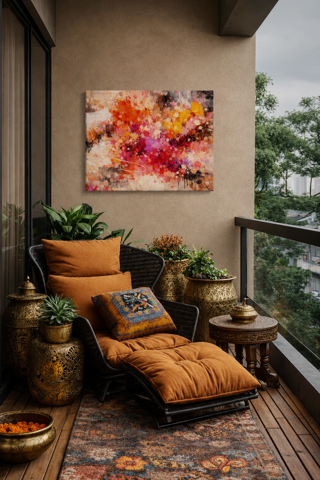 Colorful abstract canvas wall art displayed on cozy balcony lounge with warm cushions and plants