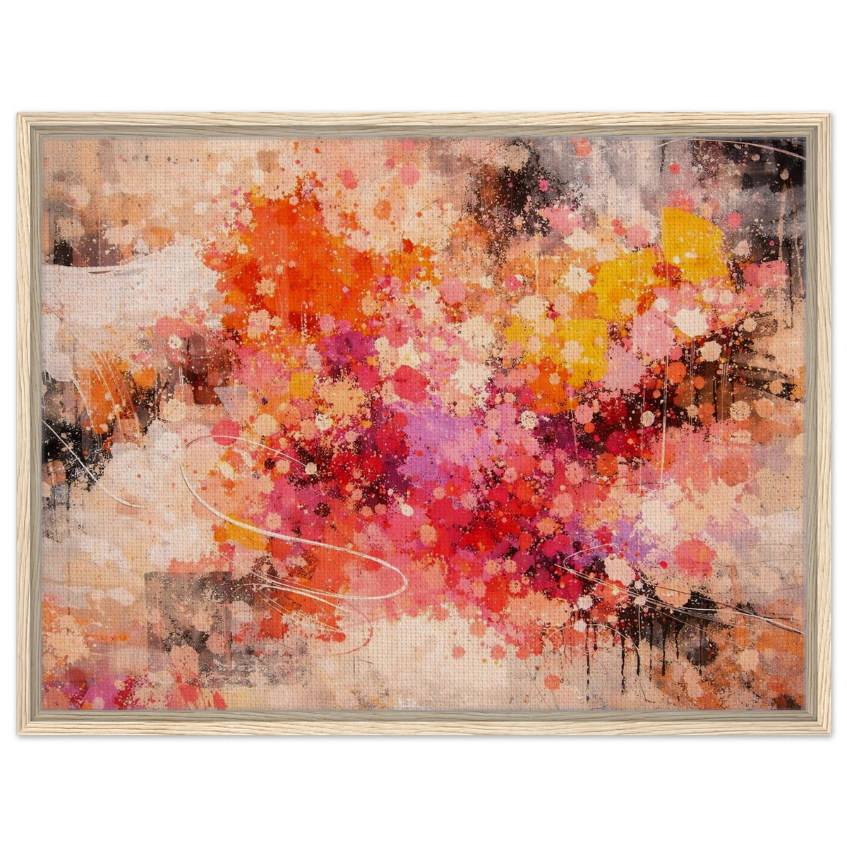 Colorful abstract framed canvas wall art in coral, raspberry, yellow and beige tones