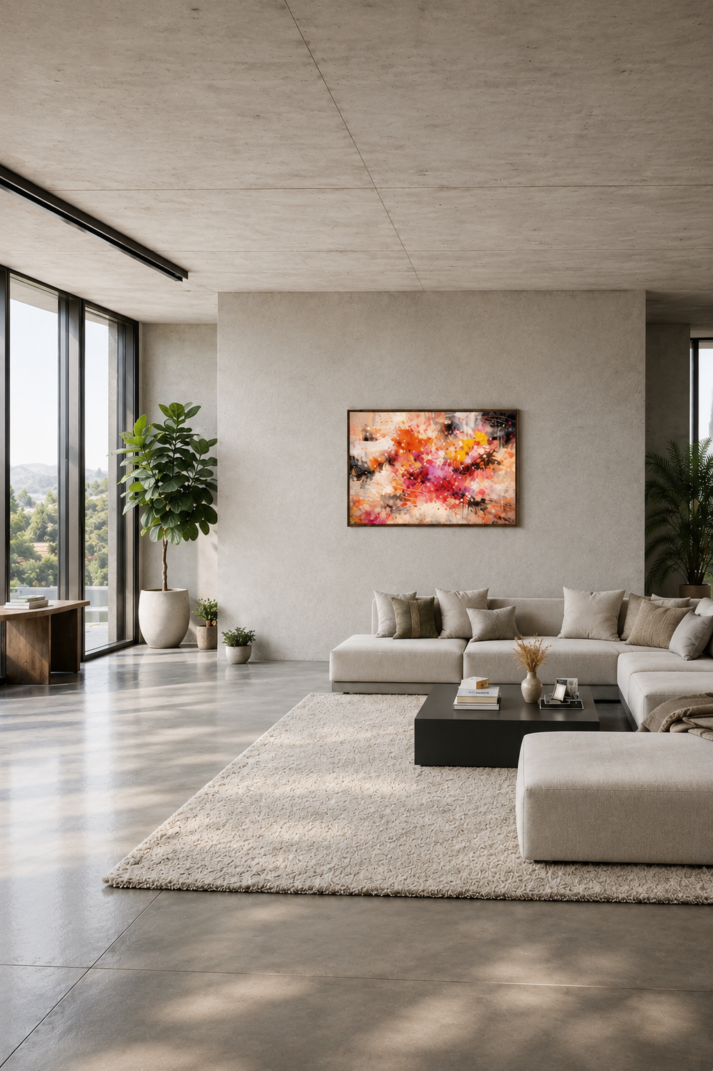 Warm abstract wall art poster with dark wood frame in spacious minimalist living room with large windows