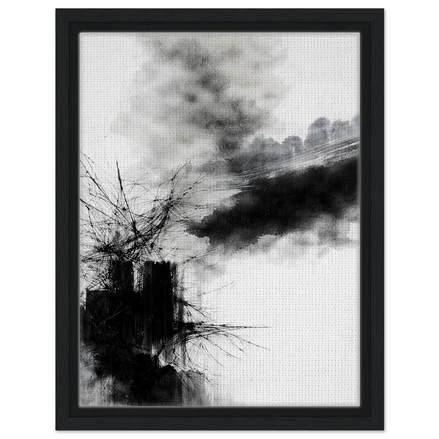 Expressive black and white artwork with layered ink textures in a dark wood frame