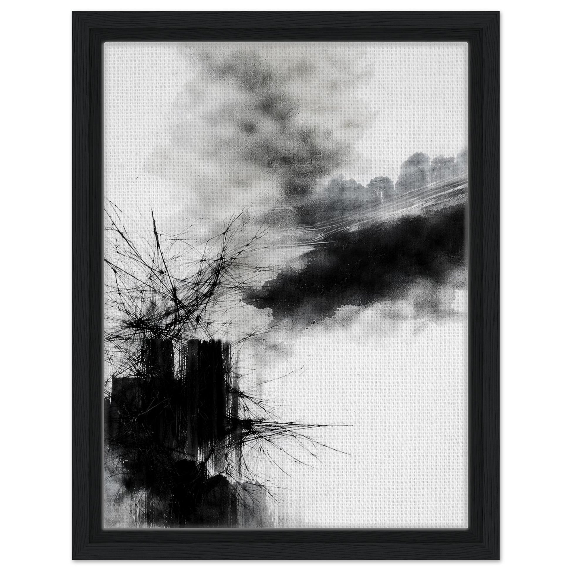 Expressive black and white artwork with layered ink textures in a dark wood frame