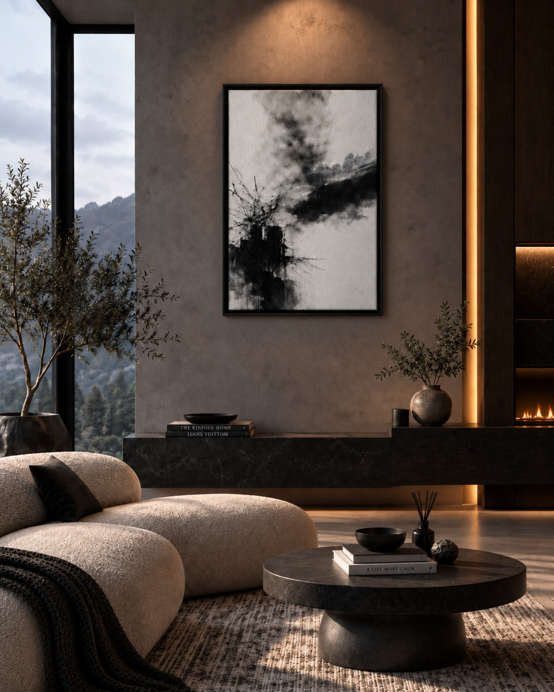 Expressive monochrome abstract art displayed in a sophisticated modern living room