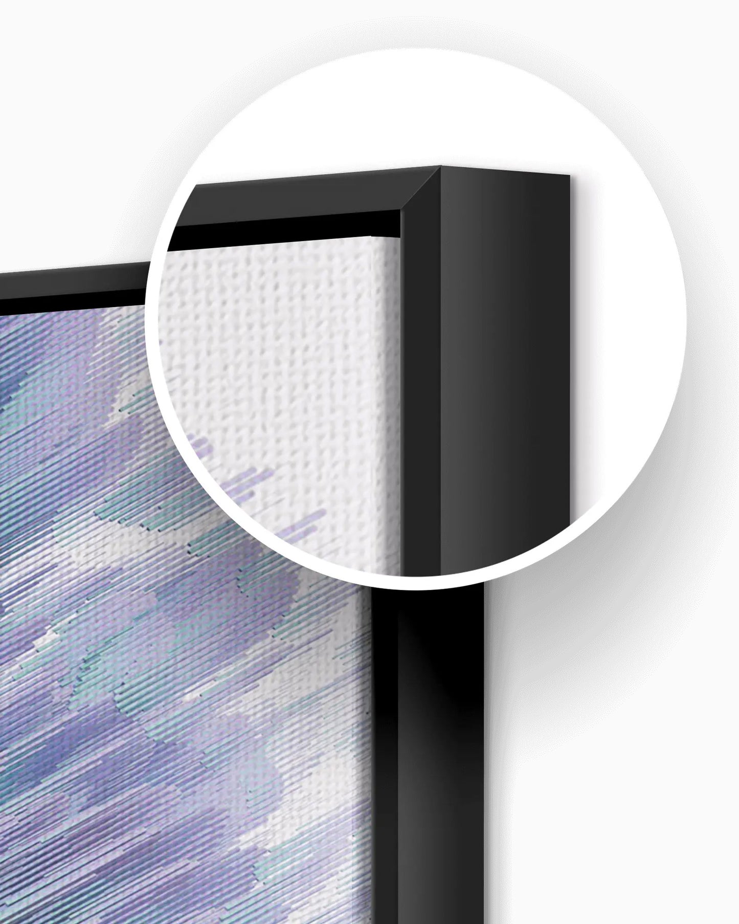 Close-up showing the slim floating gap between textured canvas and black frame