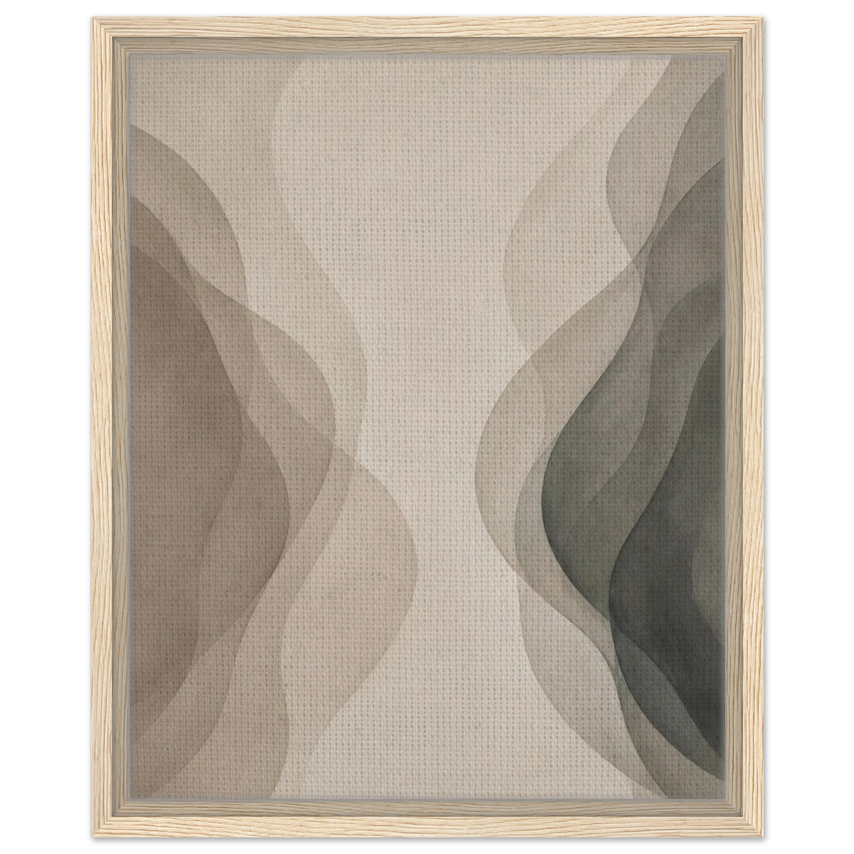 Flowing organic abstract artwork in soft earthy tones with natural wood frame