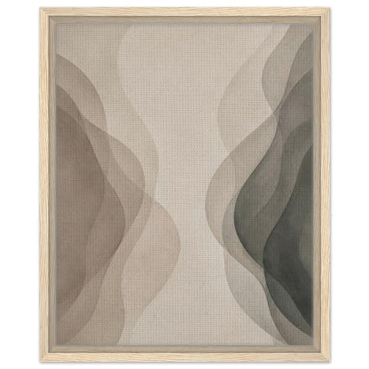 Flowing organic abstract artwork in soft earthy tones with natural wood frame