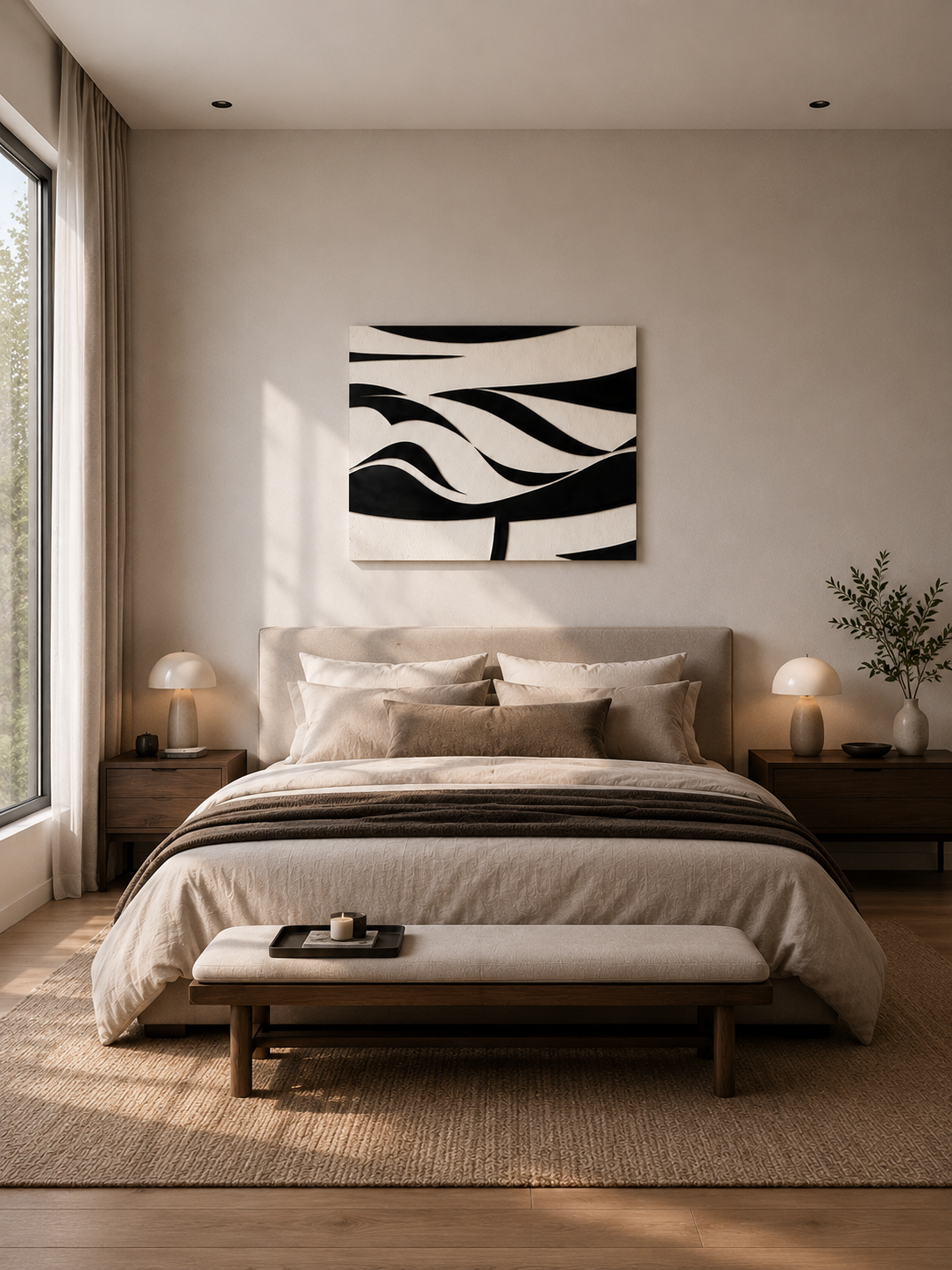 Black and white abstract canvas wall art in a cozy modern bedroom with neutral decor and natural daylight